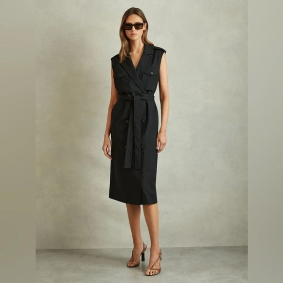 NEW Reiss Kimora  Wool Blend Double Breasted Tie Midi Dress Black | UK 10 / US 6 - Picture 1 of 12